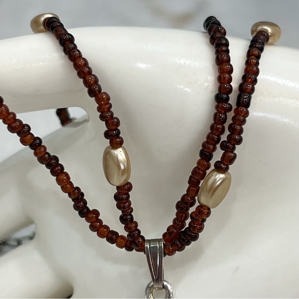 Kenneth Cole Amber & Brown Glass Silver Double Strand Brown Bead Necklace - Picture 5 of 10
